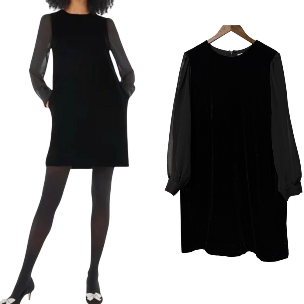J.Crew Dress Womens 18 Velvet Shift Sheer Long Sleeve Black Holiday Elegant Goth